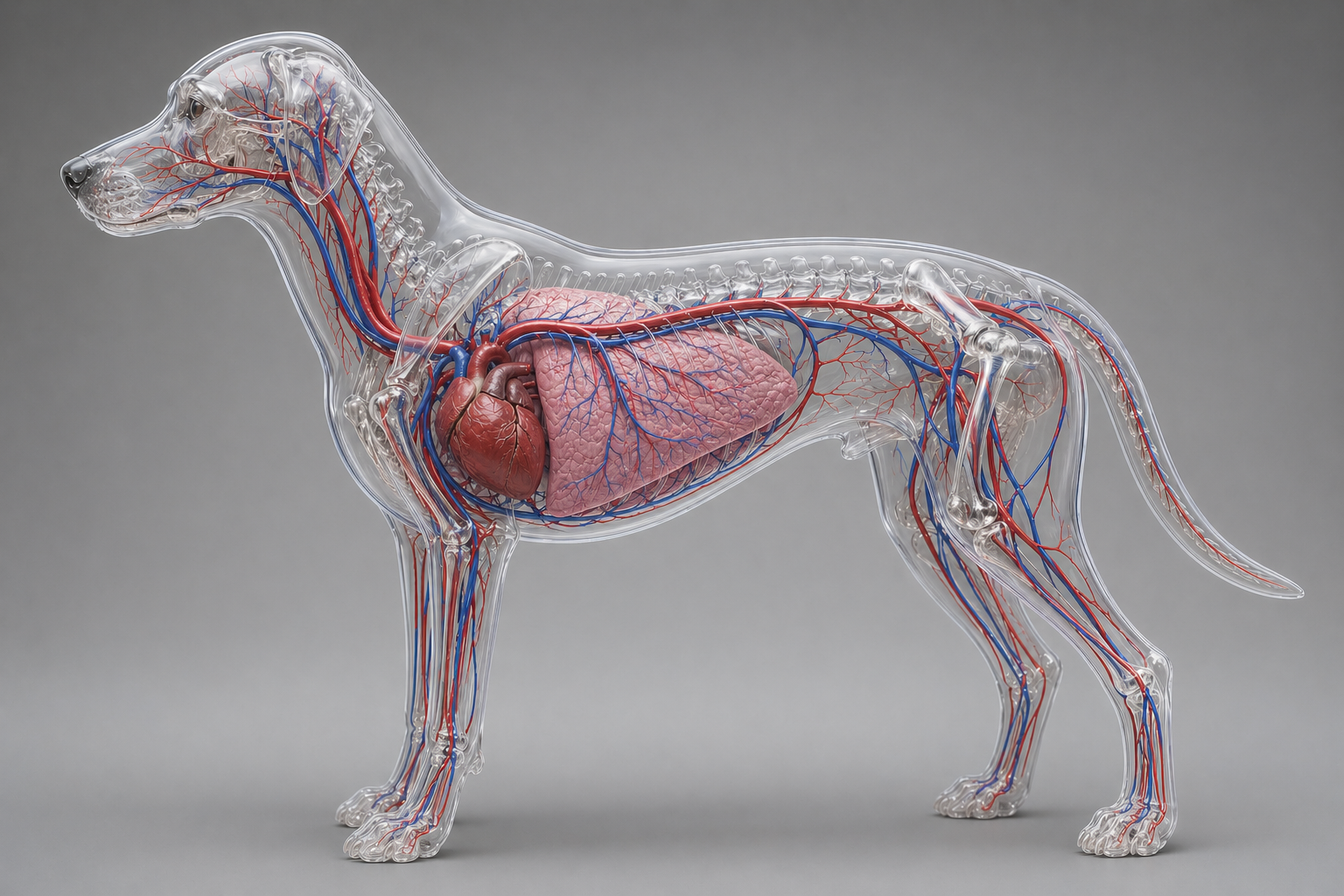 Illustration of a dog's cardiovascular system showing heart, lungs, arteries, and veins